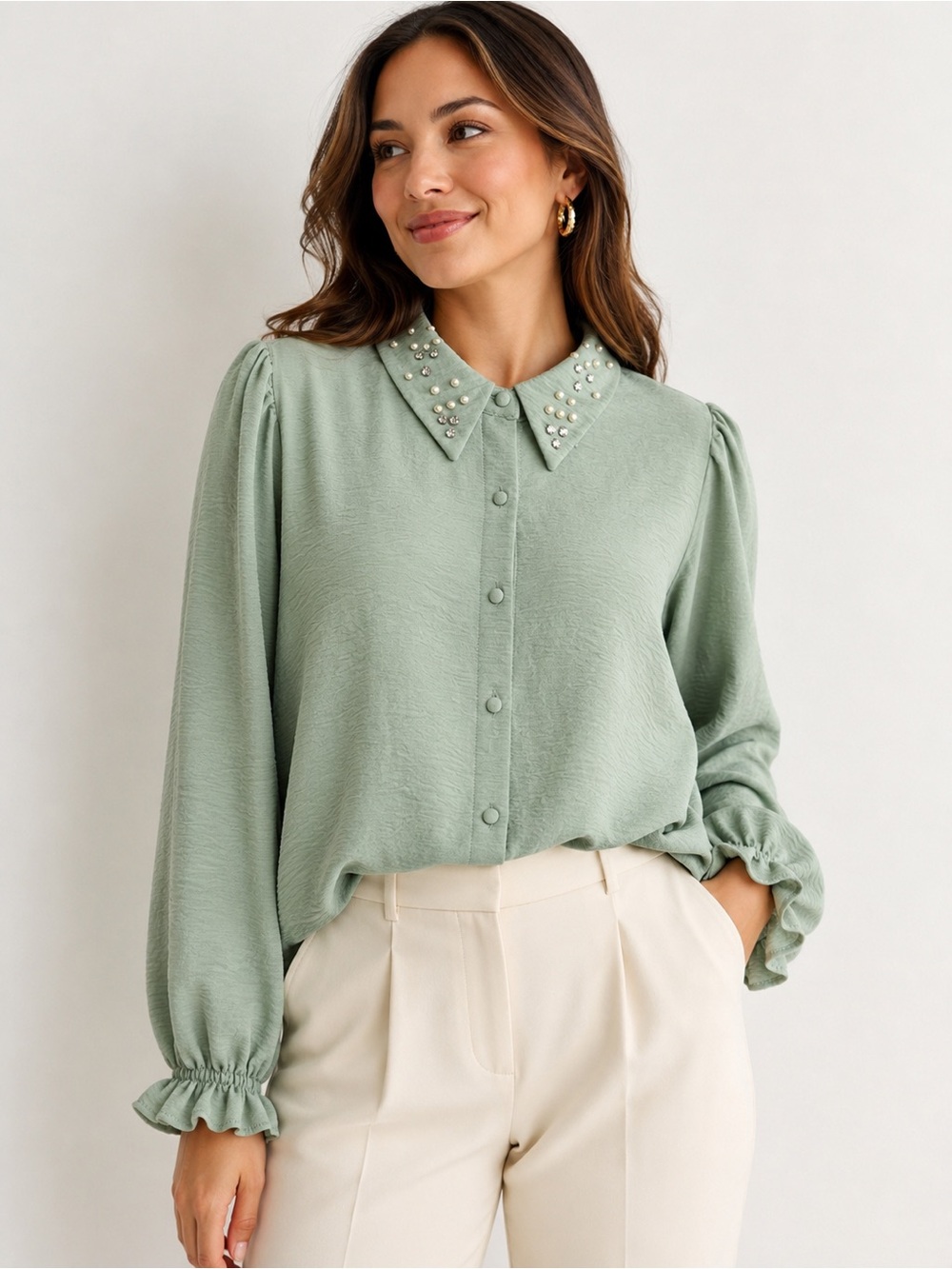 Grand & Greene Embellished Collar Sage Green Blouse L